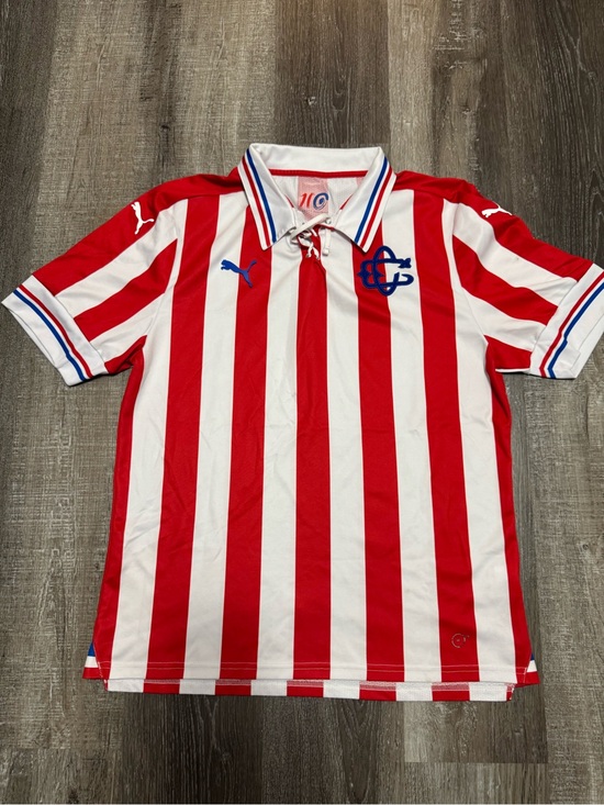 Puma Other - Puma Chivas Red & White Striped mans Soccer Jersey with Blue Accents